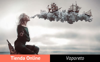 Muestra tienda online con chica vapeando con barcos surcando una nube de vapor